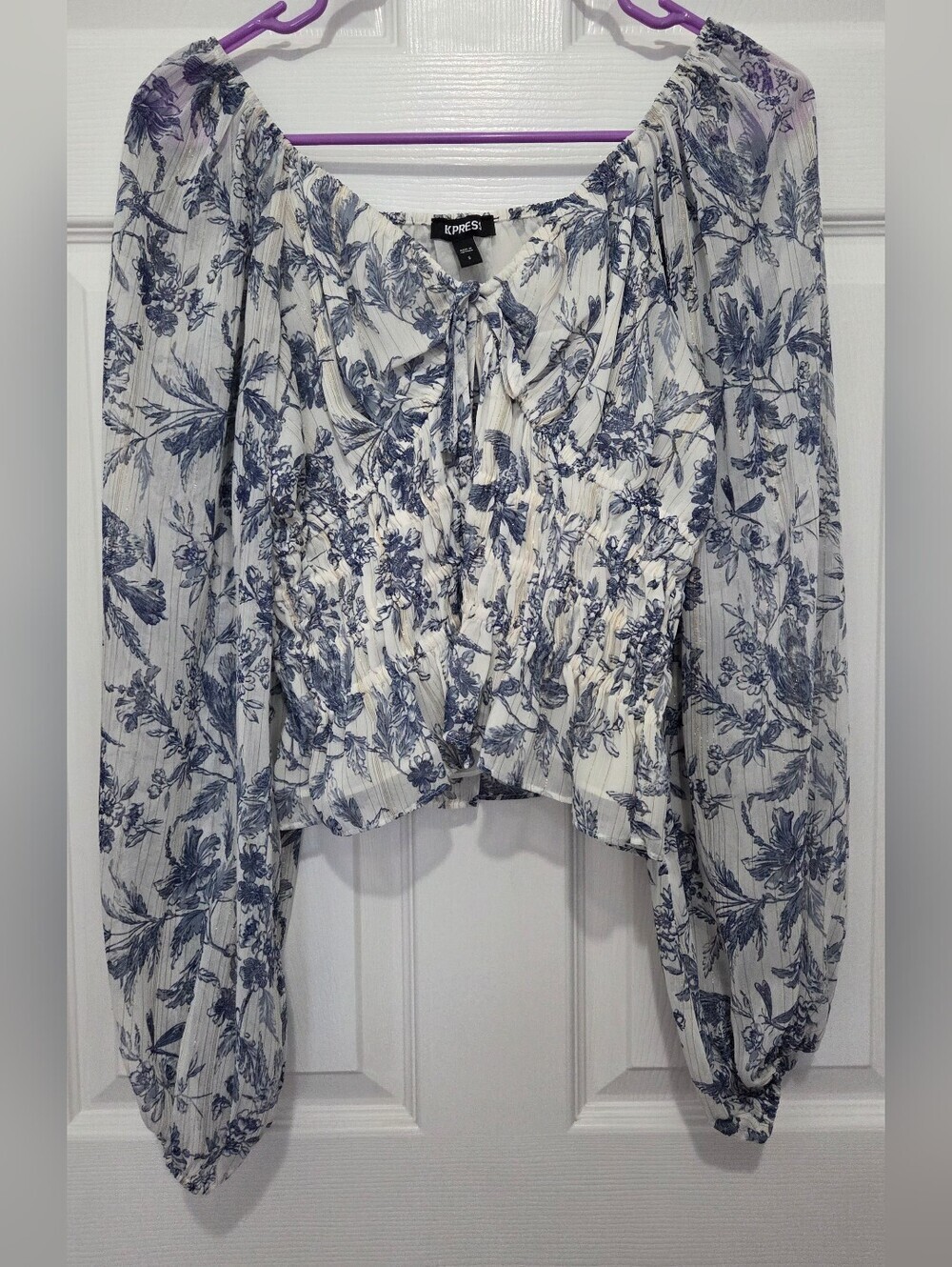 Express Boho Blue Floral Puff Long Sleeve Smocked Waist Peasant Top Size Small - Picture 2 of 9